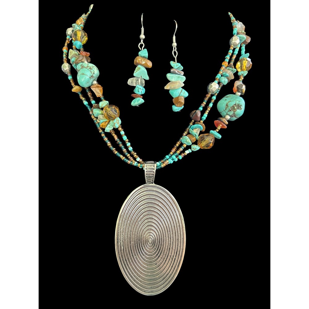 Boho Turquoise And Tiger Eye Earring And Necklace Set Oval Silver Pendant